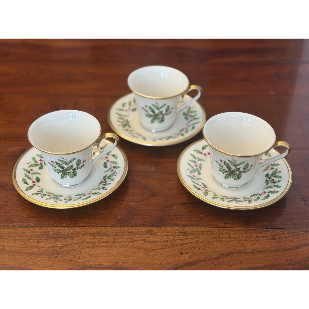 Set of 3 Lenox Holiday Teacup & Saucer Sets Fluted Merrick Ivory Gold Trim USA